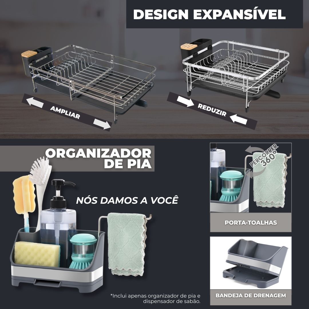 IXA10® | Escorredor de pratos expansível + dispensador de sabão