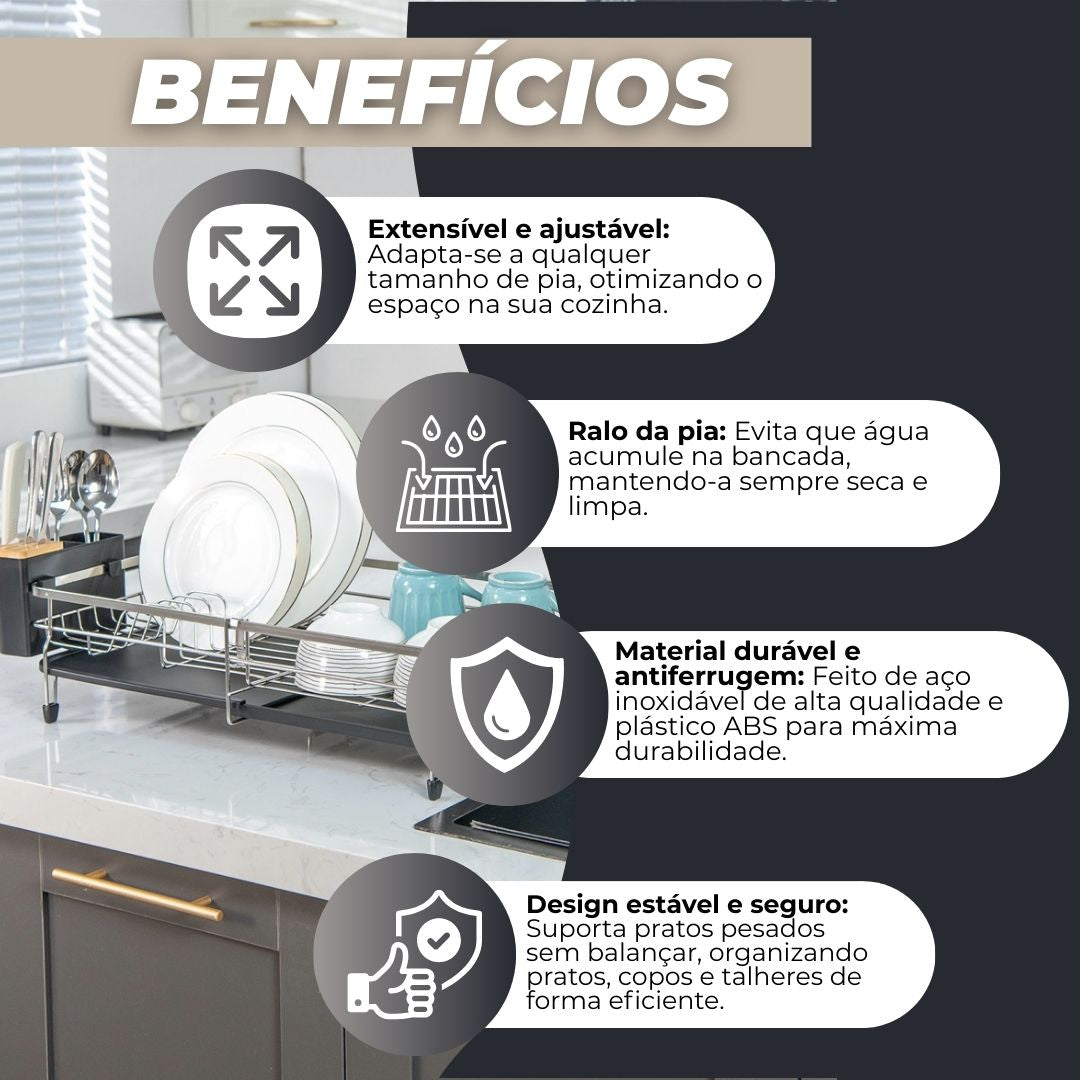 IXA10® | Escorredor de pratos expansível + dispensador de sabão