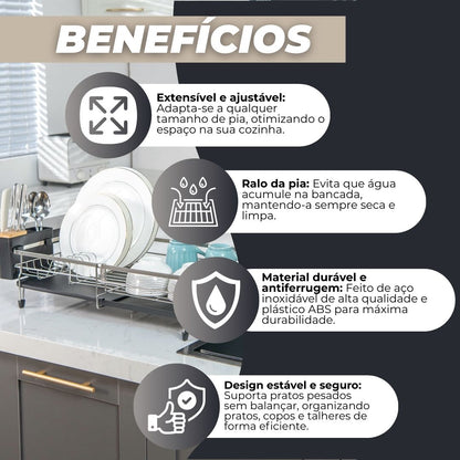 IXA10® | Escorredor de pratos expansível + dispensador de sabão